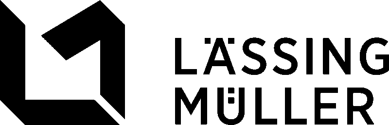 Schwarzweiß-Logo mit Schriftzug „LÄSSING MÜLLER“